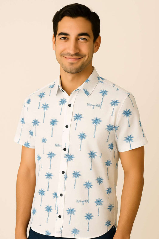 CAMISA HOMBRE EN ALGODON TEXTURIZADO EN ESTAMPADO CON CUELLO MANGA CORTA