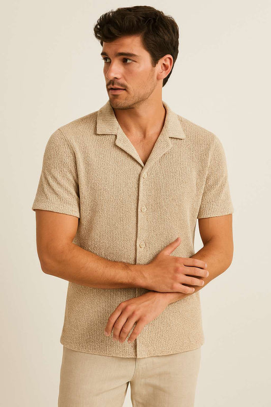 CAMISA HOMBRE CON CUELLO OVERSIZE TEJIDO CALADO BEIGE